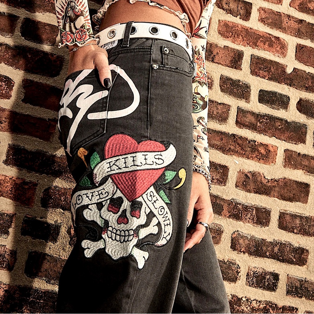 Ed Hardy Embroidered Skull Love Kills Slowly Jeans